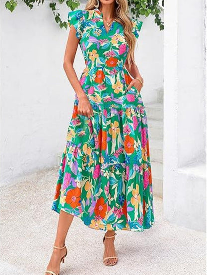 Dress for Women – Mid-length – V-neck – Relaxed Fit – Floral Print