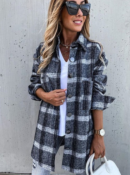 Women's Jacket – Oversized Fit – Wool Look – Checkered Pattern – Mid-Length with Button Closure