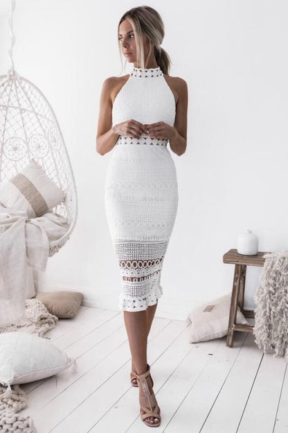 Dress for Women – Slim Fit – Mid-Length – Halterneck – Lace with Crochet Detail