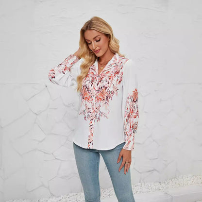 Damebluse – Afslappet Pasform – Knaplukning – Ståkrave – Blomstermønster – Lange Ærmer