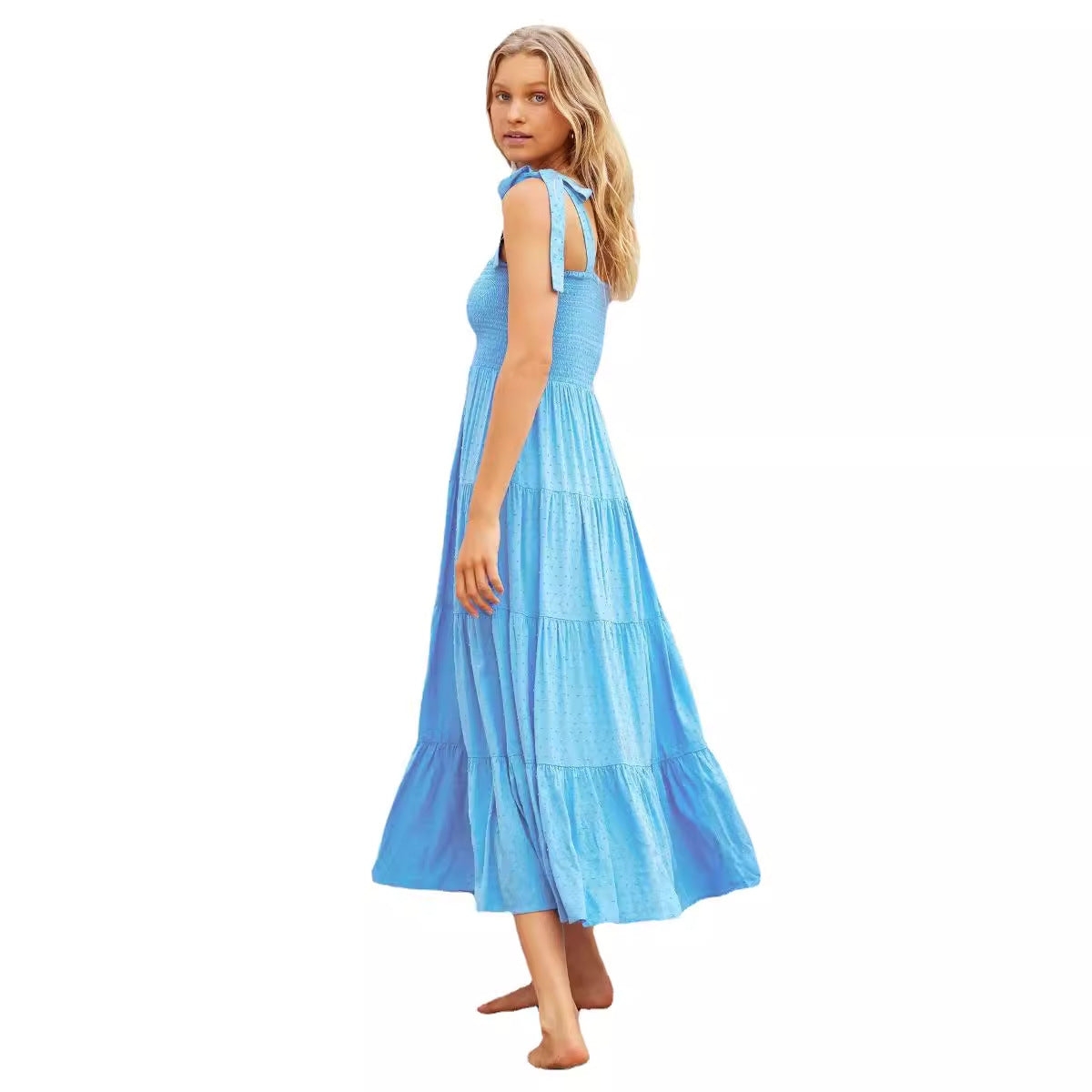 Women's Midi Dress – Smocked Bodice – Adjustable Straps – Lightly Layered Skirt