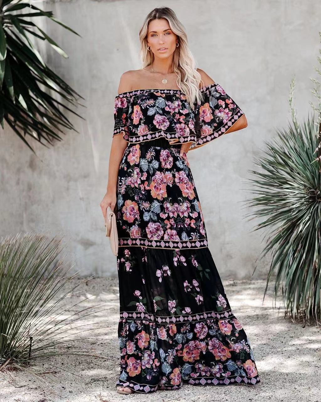 Women's Maxi Dress – Off-Shoulder Ruched Neckline – Floral Print – Loose Fit with Belt