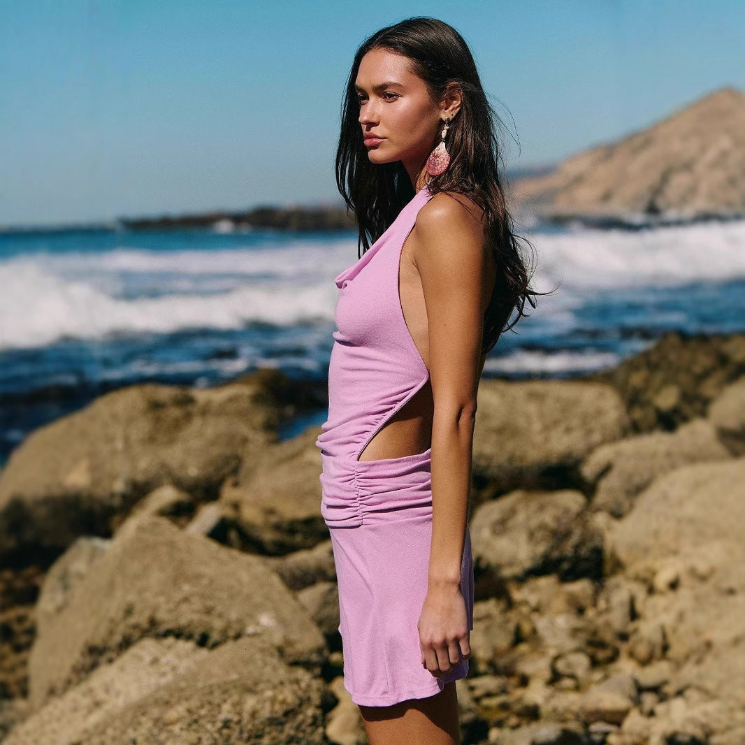 Women's Dress – Slim Fit – Cowl Neck – Open Back – Ruched Sides – Mini Length