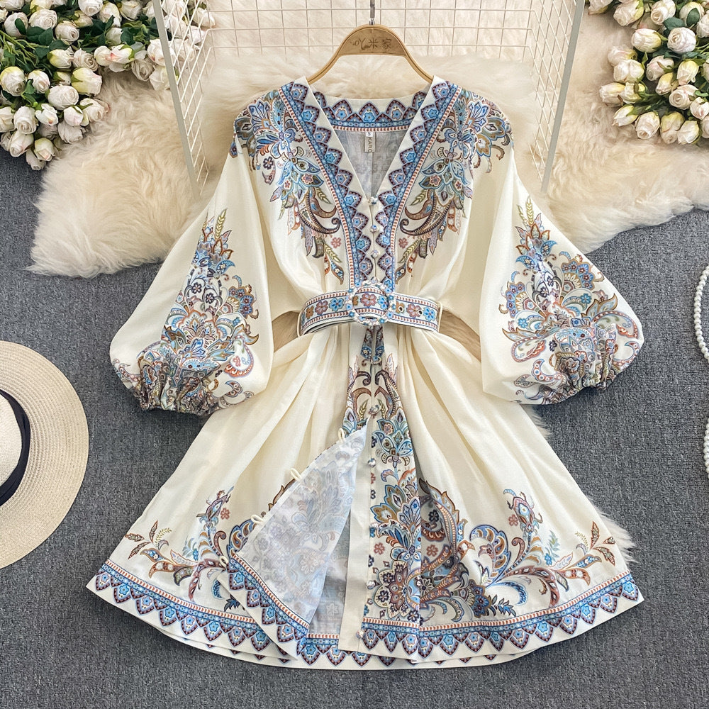 Women's Maxi Dress – Relaxed Fit – V-Neck with Trim – Belt at Waist – Breathable Fabric