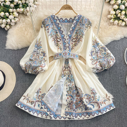 Women's Maxi Dress – Relaxed Fit – V-Neck with Trim – Belt at Waist – Breathable Fabric