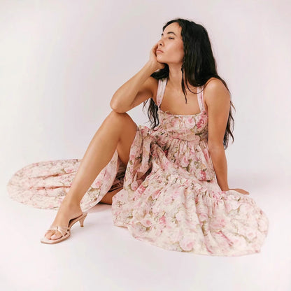 Women's Maxi Dress – Chiffon – Loose A-Line – Pleated – Spaghetti Strap – Floral Print