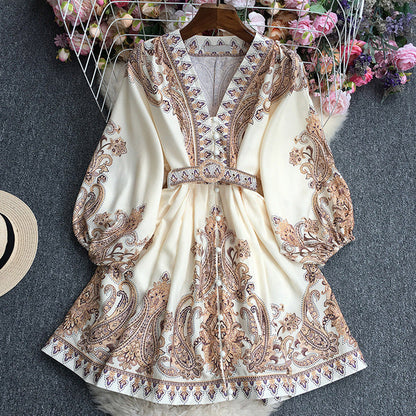 Women's Maxi Dress – Relaxed Fit – V-Neck with Trim – Belt at Waist – Breathable Fabric