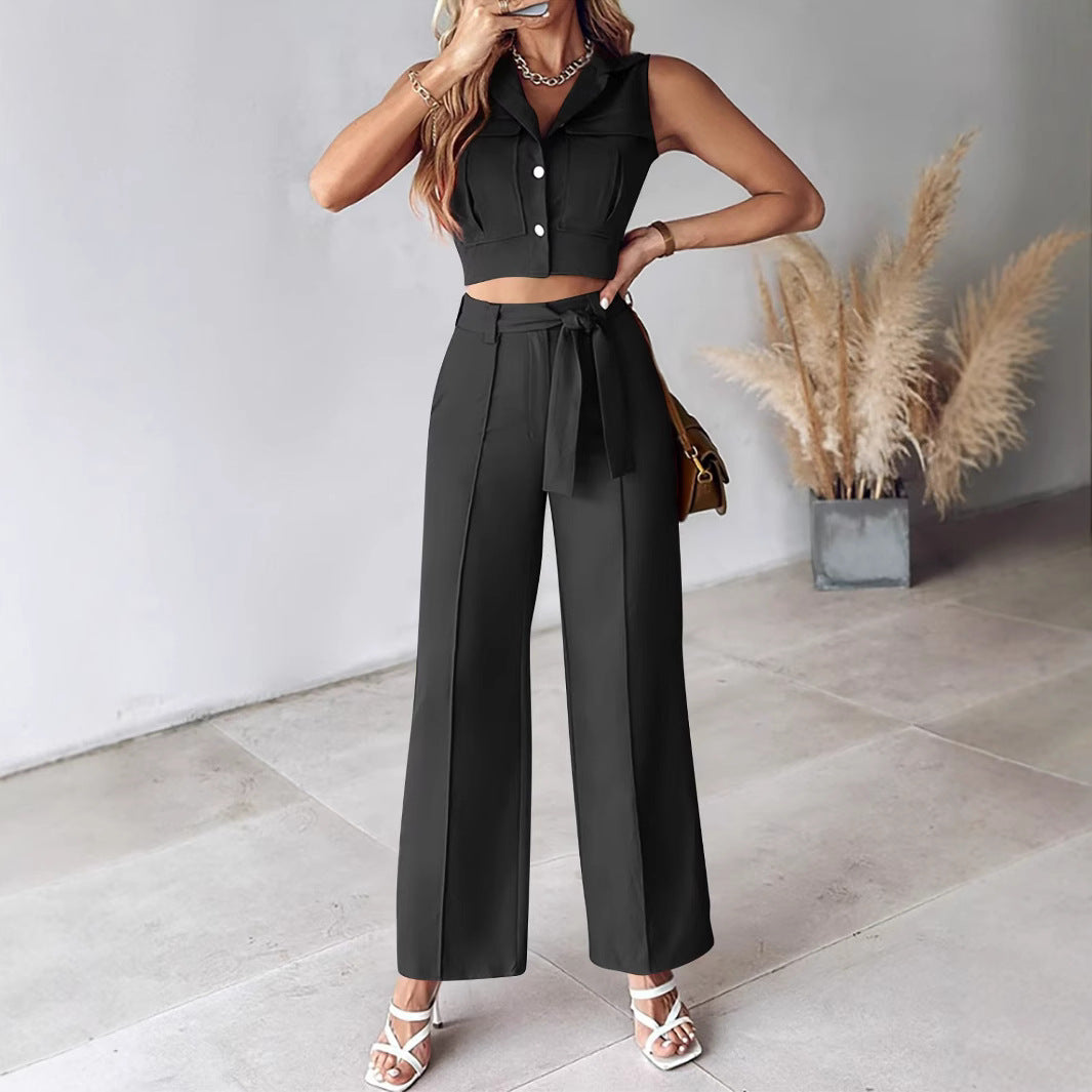 Women's Jumpsuit – Sleeveless Crop Top – High Waist Belted Pants – Soft Woven Design