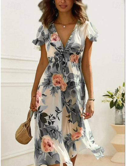 Dress for Women – Midi – Airy Fit – V-Neck – Ruched Sleeves – Floral Print