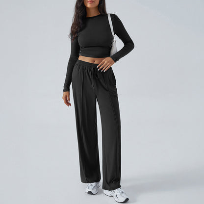 Dame sæt – Slim fit crop top med lange ærmer og højtaljede vide bukser