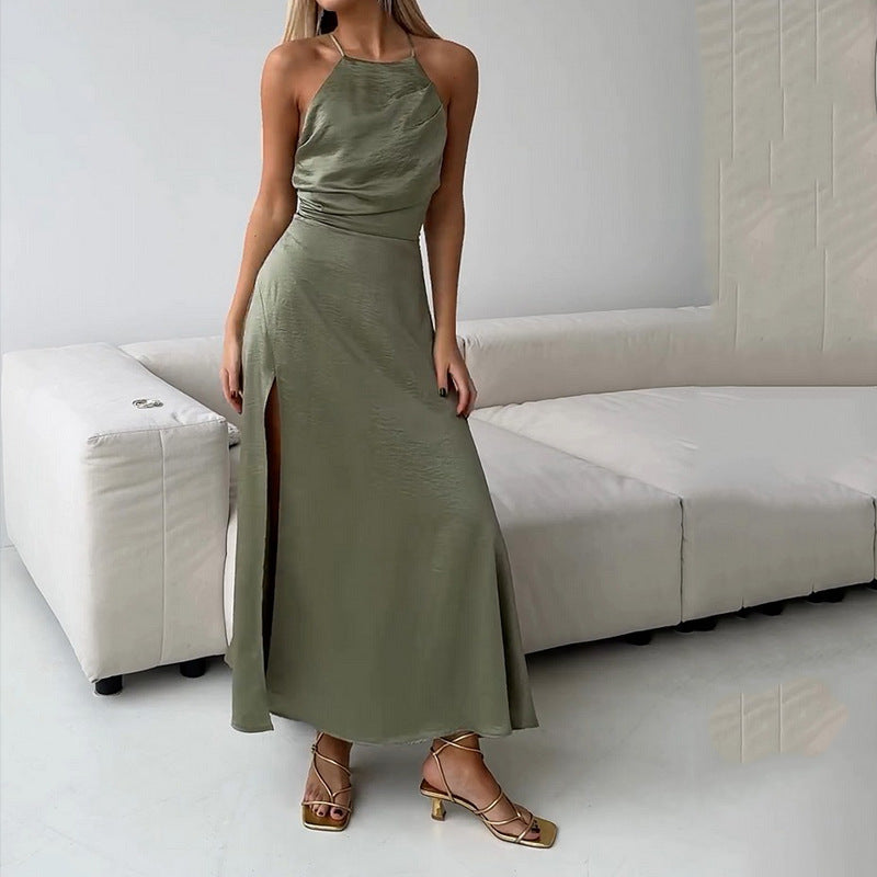 Dress for Women – Maxi Length – Slim Fit – Halterneck – Open Back – Side Slit