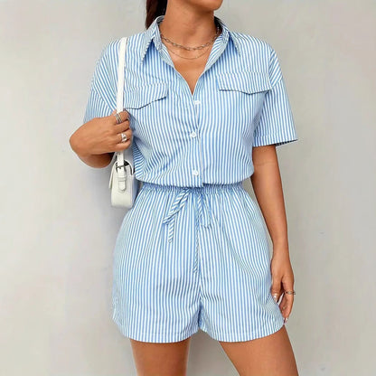Women's Romper – Relaxed Fit – Button Closure – Short Sleeve – Striped Design