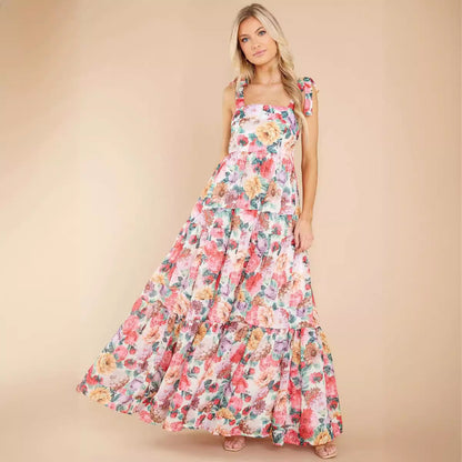 Women's Maxi Dress – Sleeveless A-Line – One Shoulder – Floral Print – Layered Cotton