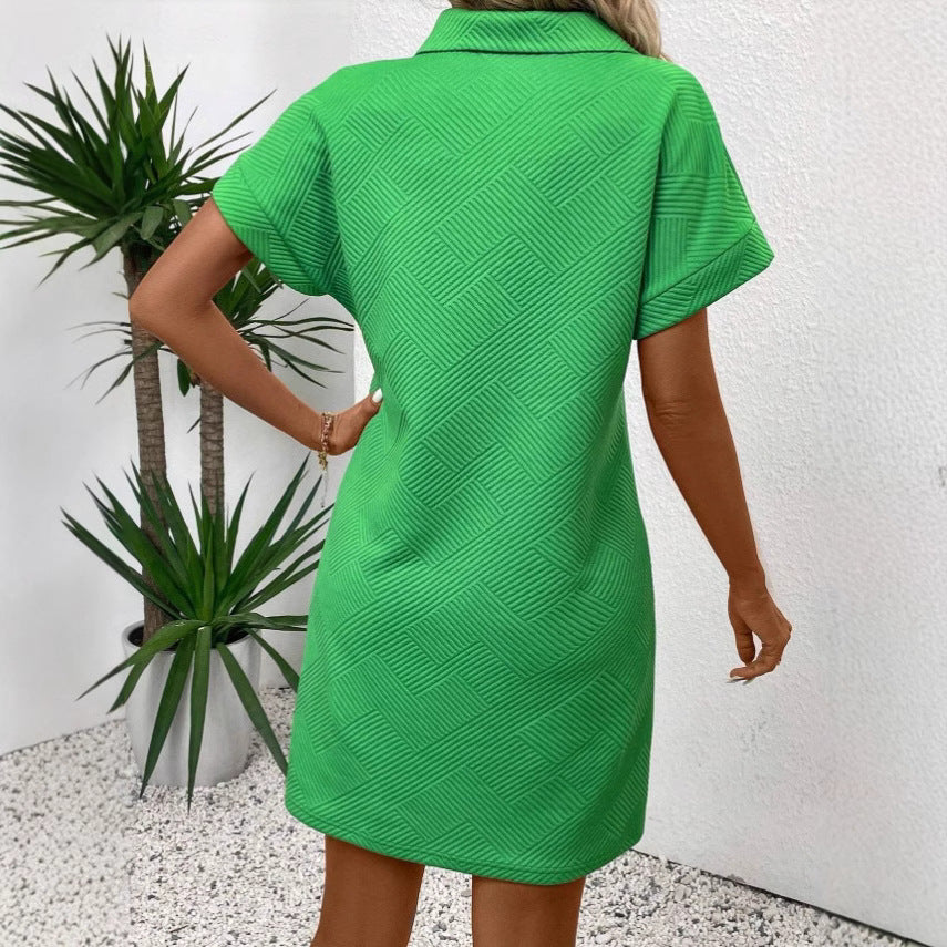 Women's Polo Dress – Relaxed Fit – Textured Fabric – Short Batwing Sleeves