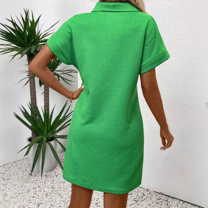 Women's Polo Dress – Relaxed Fit – Textured Fabric – Short Batwing Sleeves