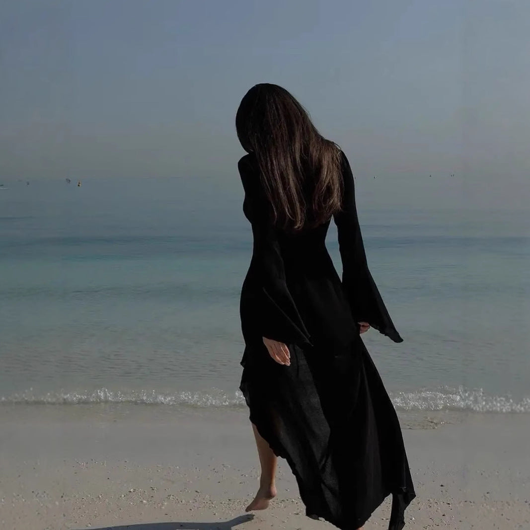 Women's Beach Dress – Long-Sleeved – Light and Breathable – Ruffle Trim and Open Front