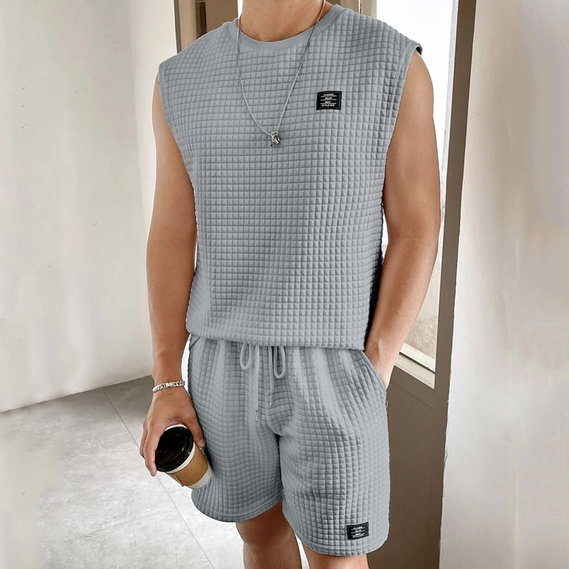 Men's Set with Sleeveless Top and Shorts – Waffle Knit – Relaxed Fit – Loungewear