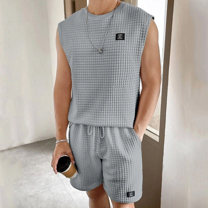 Men's Set with Sleeveless Top and Shorts – Waffle Knit – Relaxed Fit – Loungewear