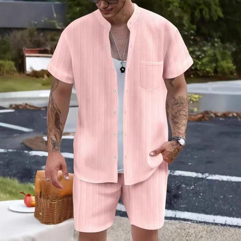 Men's Set – Relaxed Fit – Henley Shirt with Shorts – Breathable Lightweight Design