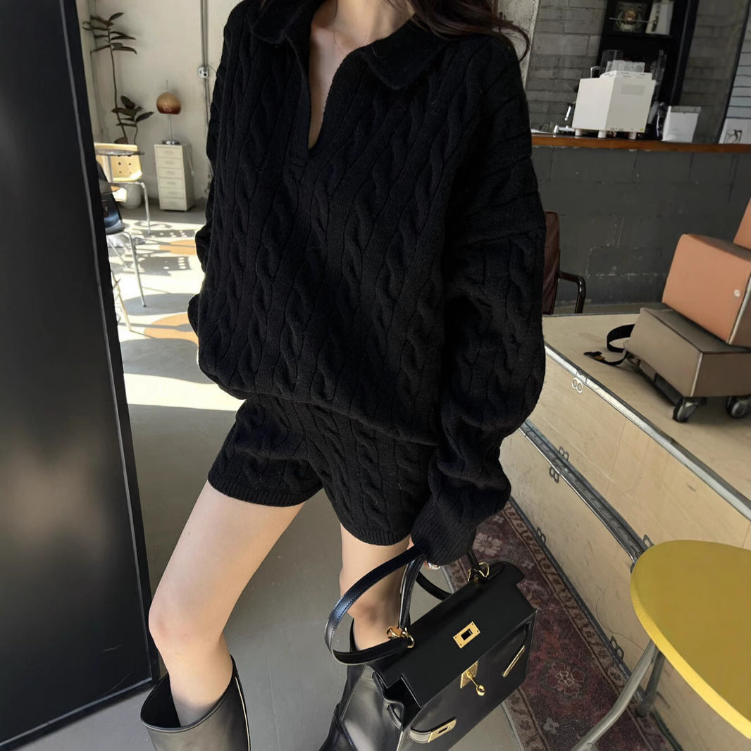 Women's 2-Piece Set – Casual Fit – Soft Wool Feel – High Collar – Cable Structure