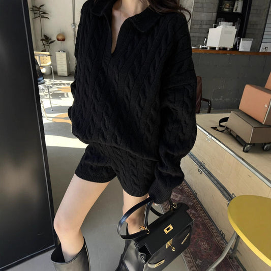 Women's 2-Piece Set – Casual Fit – Soft Wool Feel – High Collar – Cable Structure