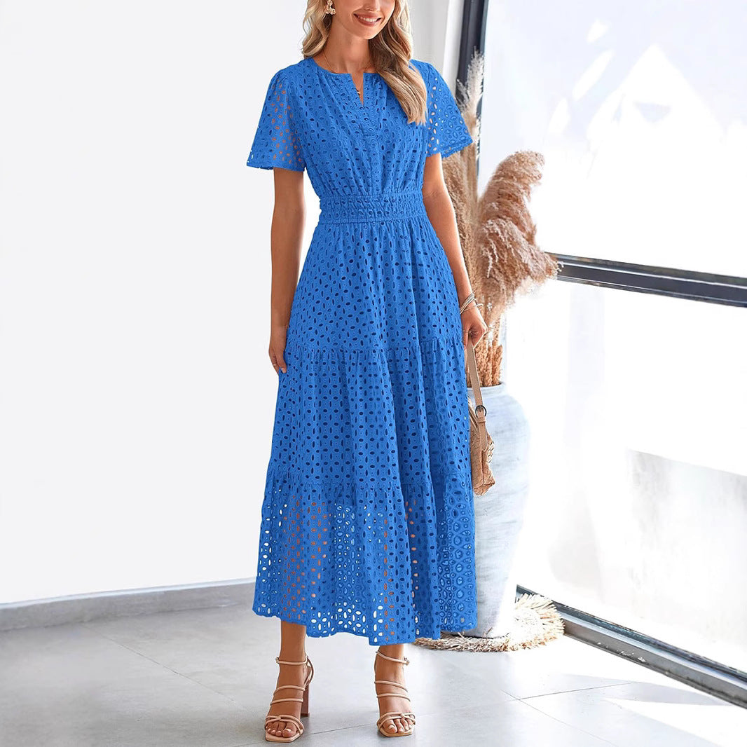 Women's Maxi Dress – Embroidered Lace – V-Neck – Short Sleeves – Loose Fit