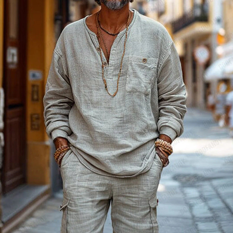 Men's Set – Relaxed Fit – V-neck Long Sleeve – Cargo Shorts – Breathable Mix