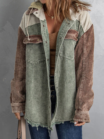 Women's Jacket with Hood – Oversized Fit – Corduroy Texture – Button Closure – Fringed Edge