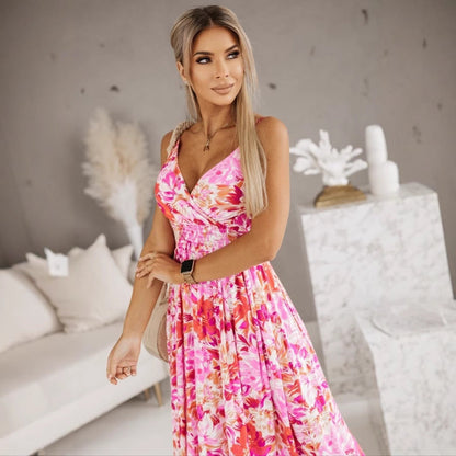 Dame Maxi Kjole – Let og Åndbar – V-Hals Omslag – Justerbare Stropper – Blomsterprint