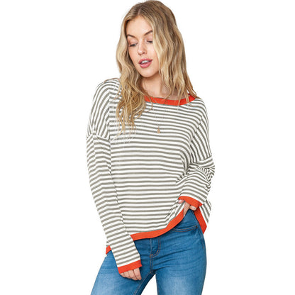 Women's Sweater – Relaxed Fit – Knit with Stripes – Drop Shoulder – Ribbed Edges