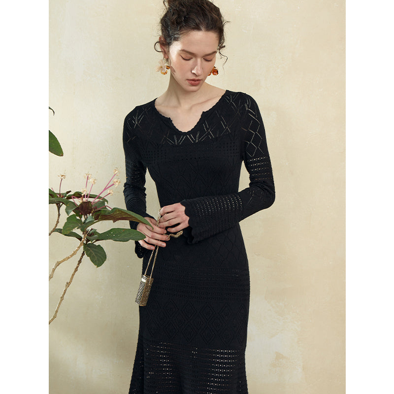 Elegant Knitted Long Sleeve Midi Dress - Modern Chic Style