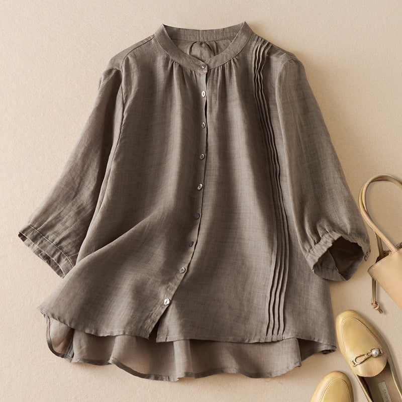 Women's Blouse – Relaxed Fit – Half Sleeve – Stand Collar – Pleated Detail – Natural Fibers