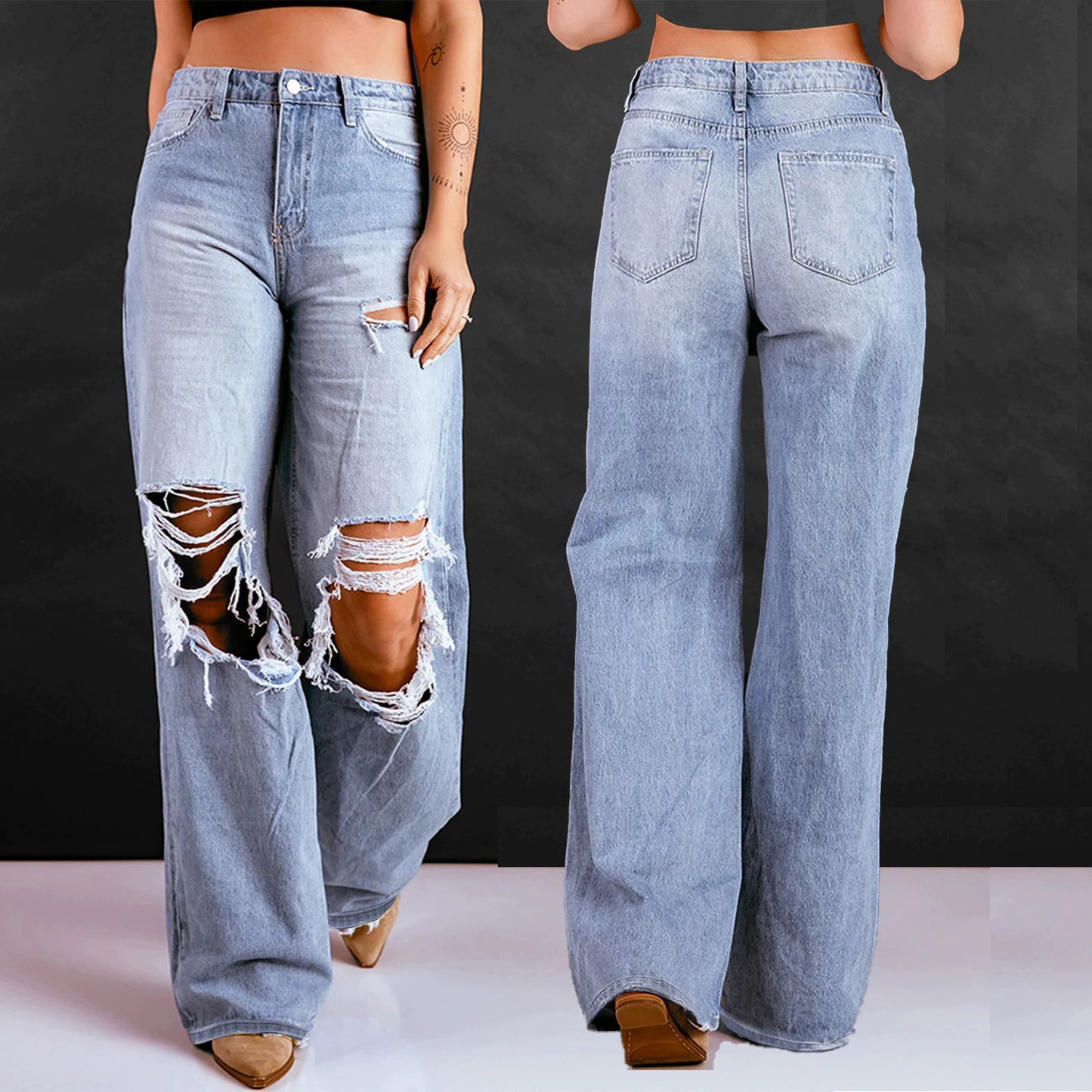 Women's Jeans - High-Waisted Wide Leg - Ripped & Distressed - Casual Comfort