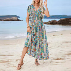 Women's Maxi Dress – Bohemian Print – Loose Fit – V-Neck – Wide Sleeves – Lightweight Material