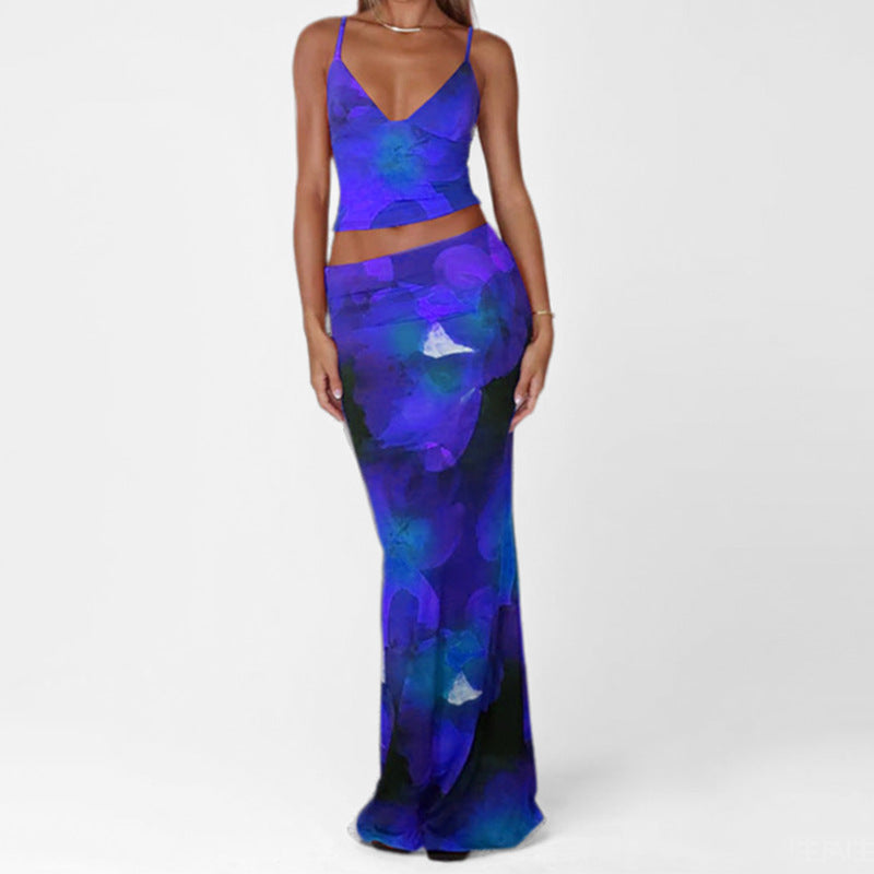 Women's Set with Vest and Maxi Skirt – Tailored – Deep V-neck – Spaghetti Straps