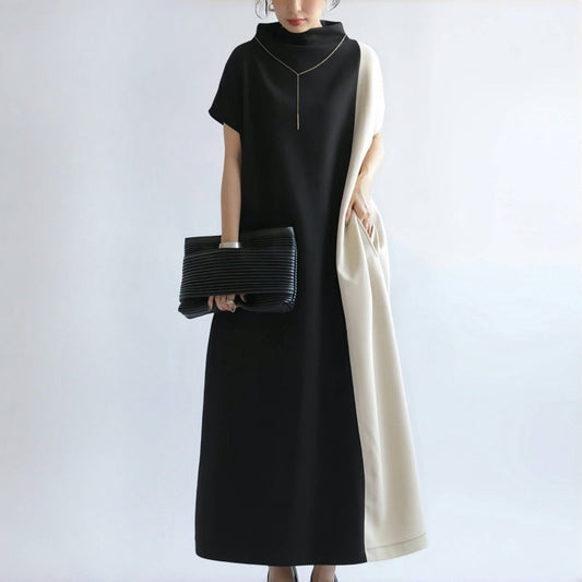 Dress for Women – Midi Length – Loose Fit – Batwing Sleeves – Half Turtleneck – Two-Tone Panels