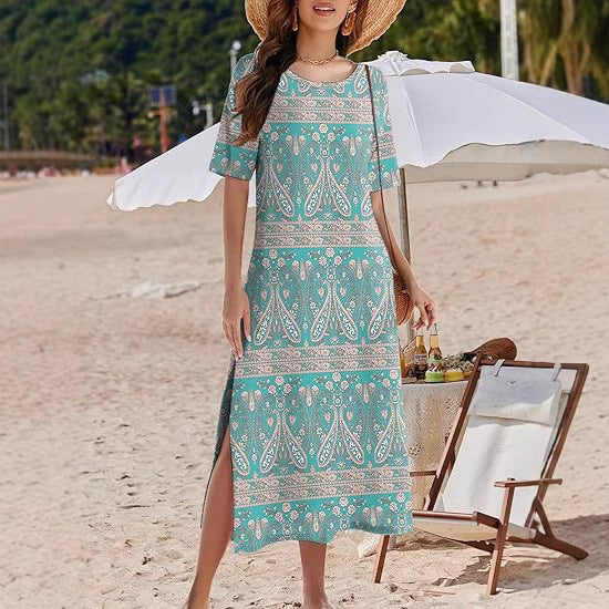 Women's Maxi Dress – Bohemian Floral Print – Loose Fit – Breathable Material – Side Slits