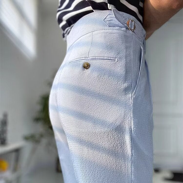 Men's Trousers – Straight Fit – High Waist – Pleated Front – Breathable Textured Fabric