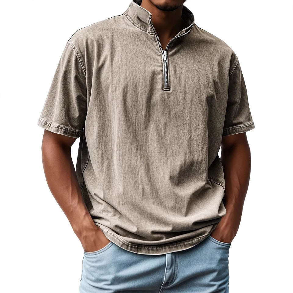 Men's shirt with short sleeves – slim fit – stand collar – zipper – breathable blend