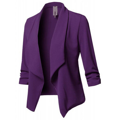 Women’s Draped Open-Front Blazer – Soft Knit – Waterfall Collar – 3/4 Sleeves