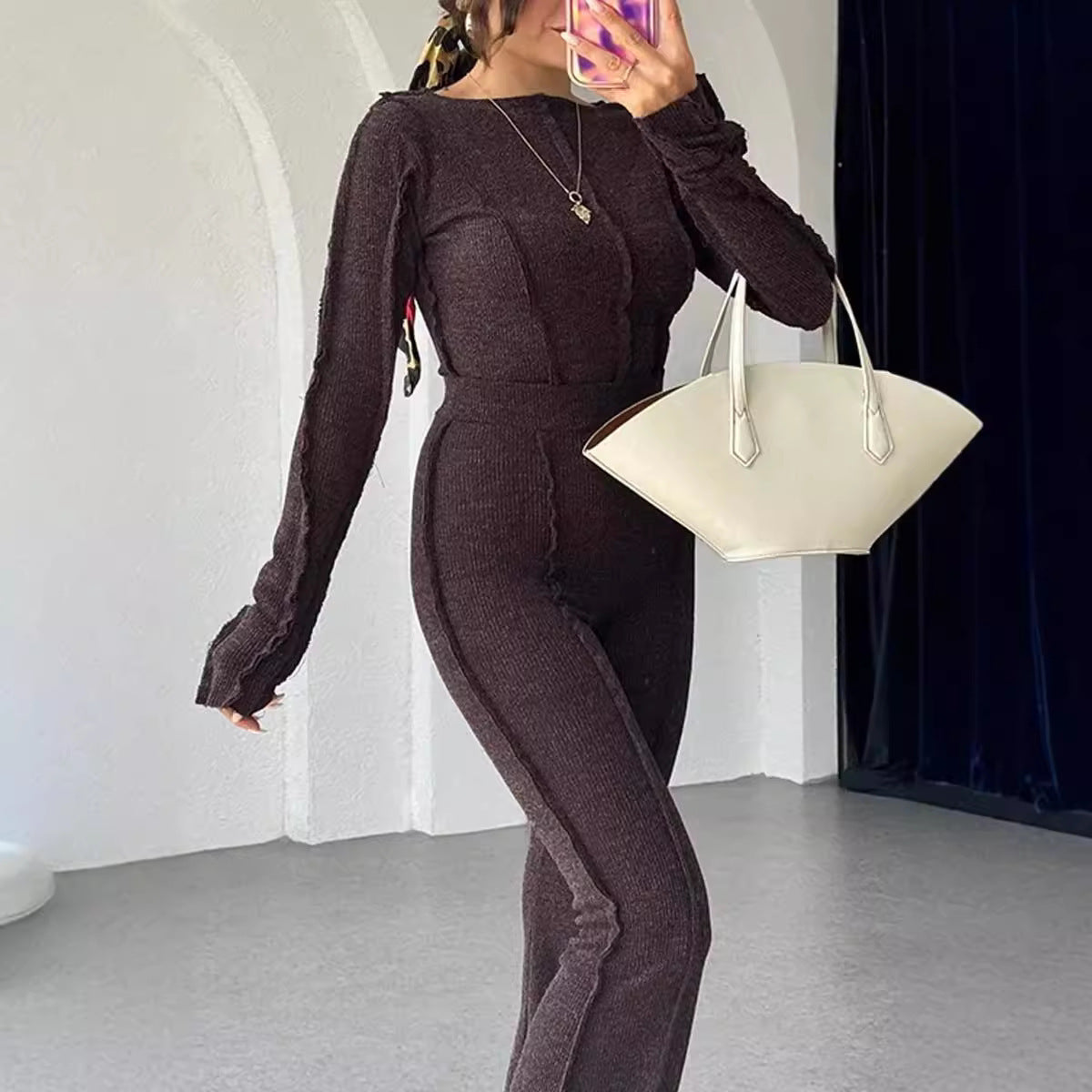 Women's Knit Set – Slim Fit – Cropped Long-Sleeve Blouse – High-Waisted Pants