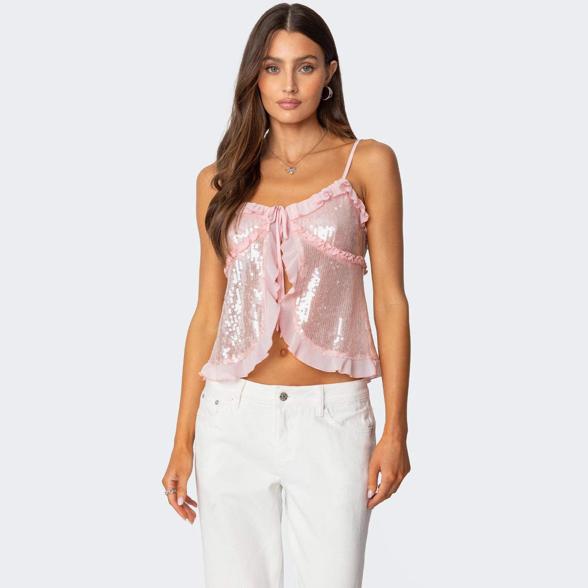 Women's Halter Crop Top – Sequins – Tight-fitting – Ruffle Edge – Tie String