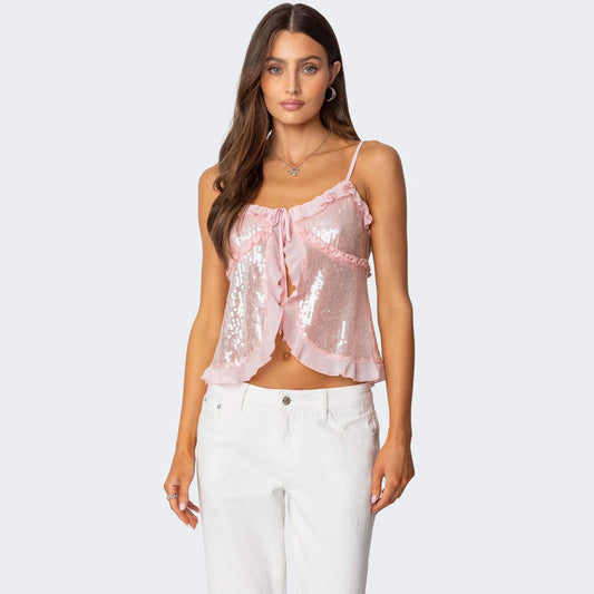 Women's Halter Crop Top – Sequins – Tight-fitting – Ruffle Edge – Tie String