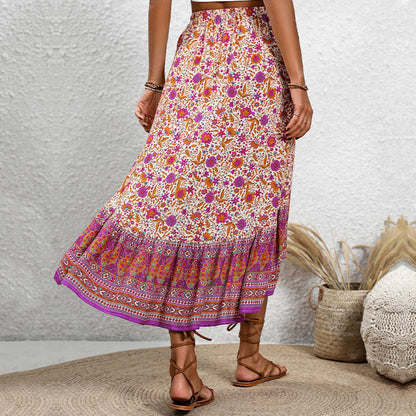 Dame Nederdel – Boheme Stil – Blomstret Paisley – Mellemlang – Elastisk Talje