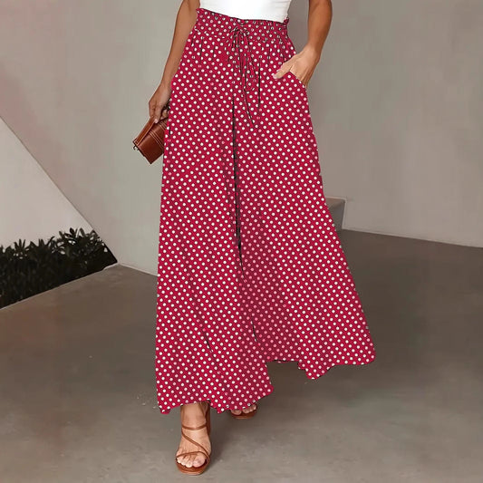 Women's Trousers with Wide Legs – Breathable Fit – Polka Dot Pattern – Drawstring Waist – Casual Style