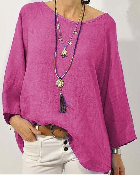 Women's Top in Casual Style – Cotton Blend – Loose Fit – 3/4 Sleeves – Round Neck