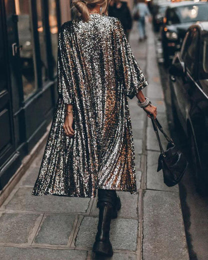 Isla Sequin Embellished Relaxed Fit Cardigan | Open Front Three-Quarter Sleeve Cardigan