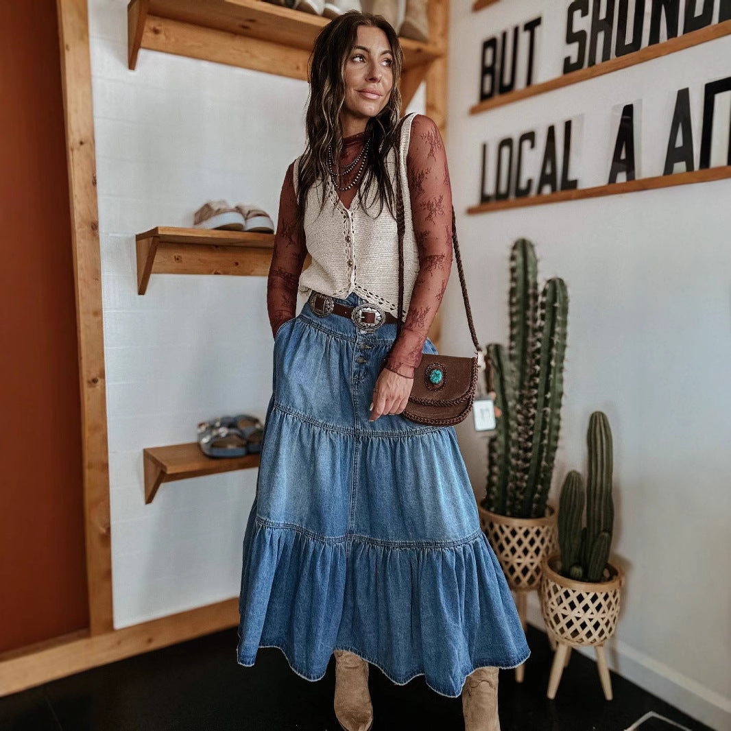 Dame Nederdel – A-Line Pasform – Denim – Knappelukning – Bohemisk Etage-Design