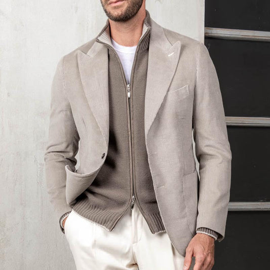 Men's Blazer in Corduroy – Tailored Fit – Overlapping Collar – Knit Detail