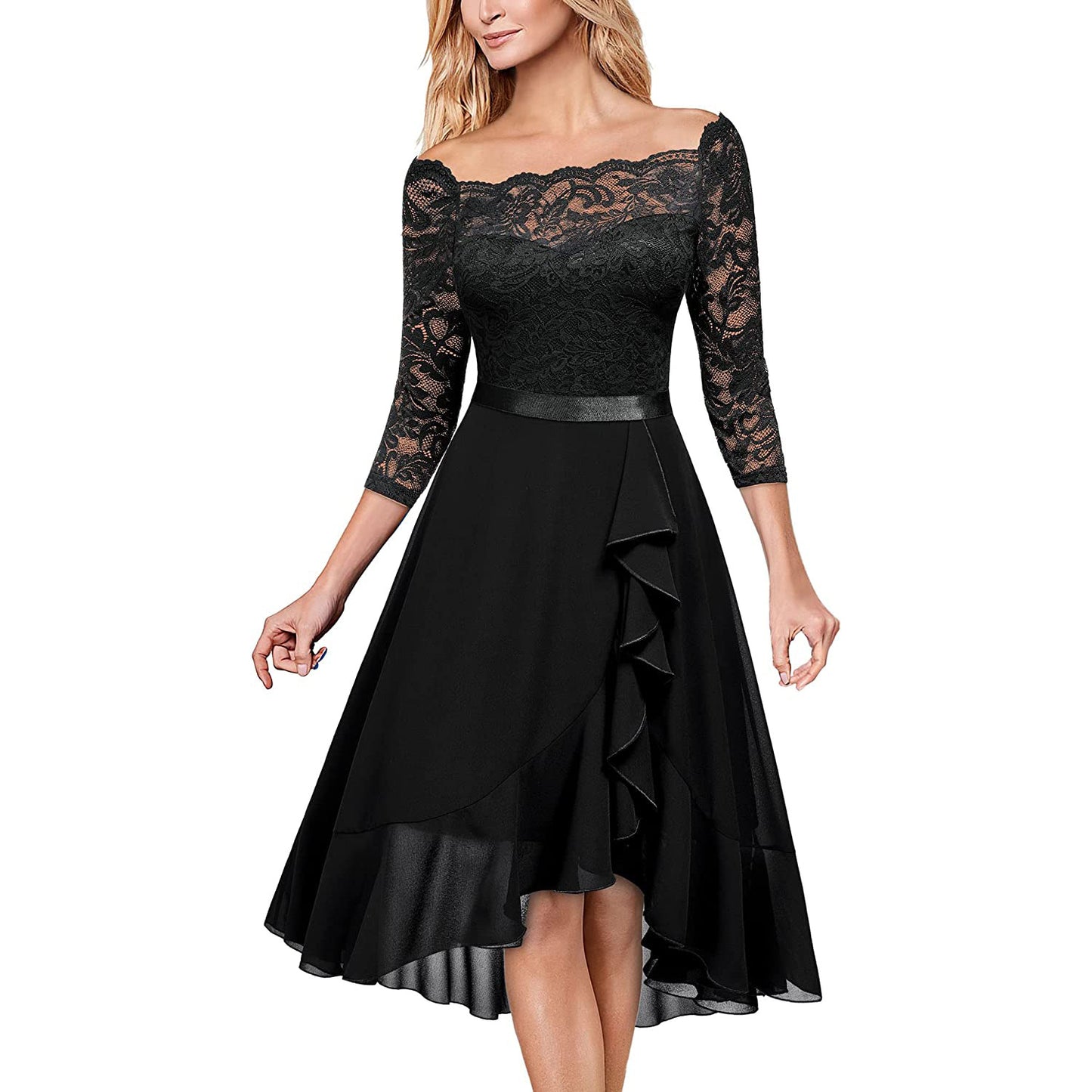Elegant lace cocktail dress for women - Off-Shoulder - 3/4 sleeves